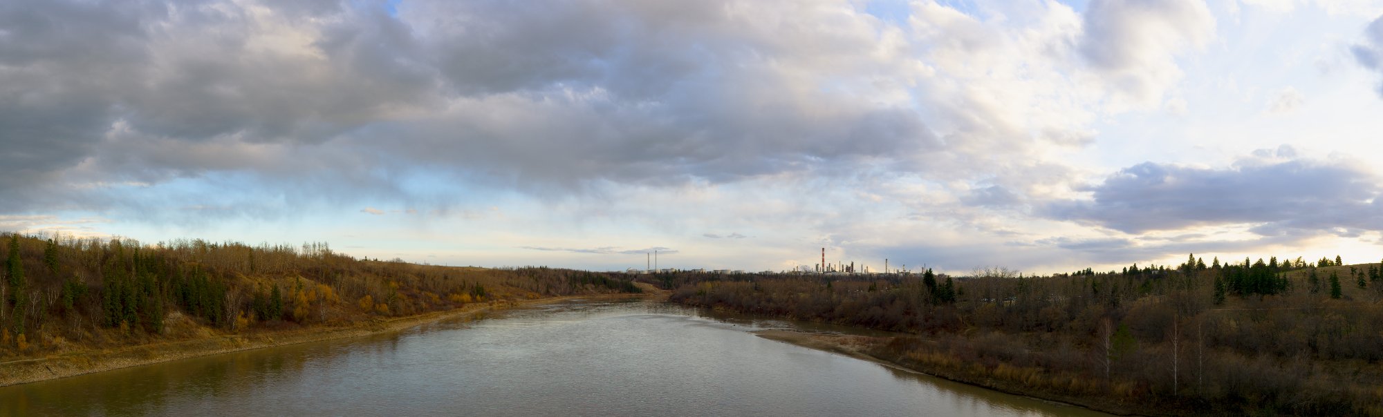 North Saskatchewan River panorama with autumn colours and industry in the distance