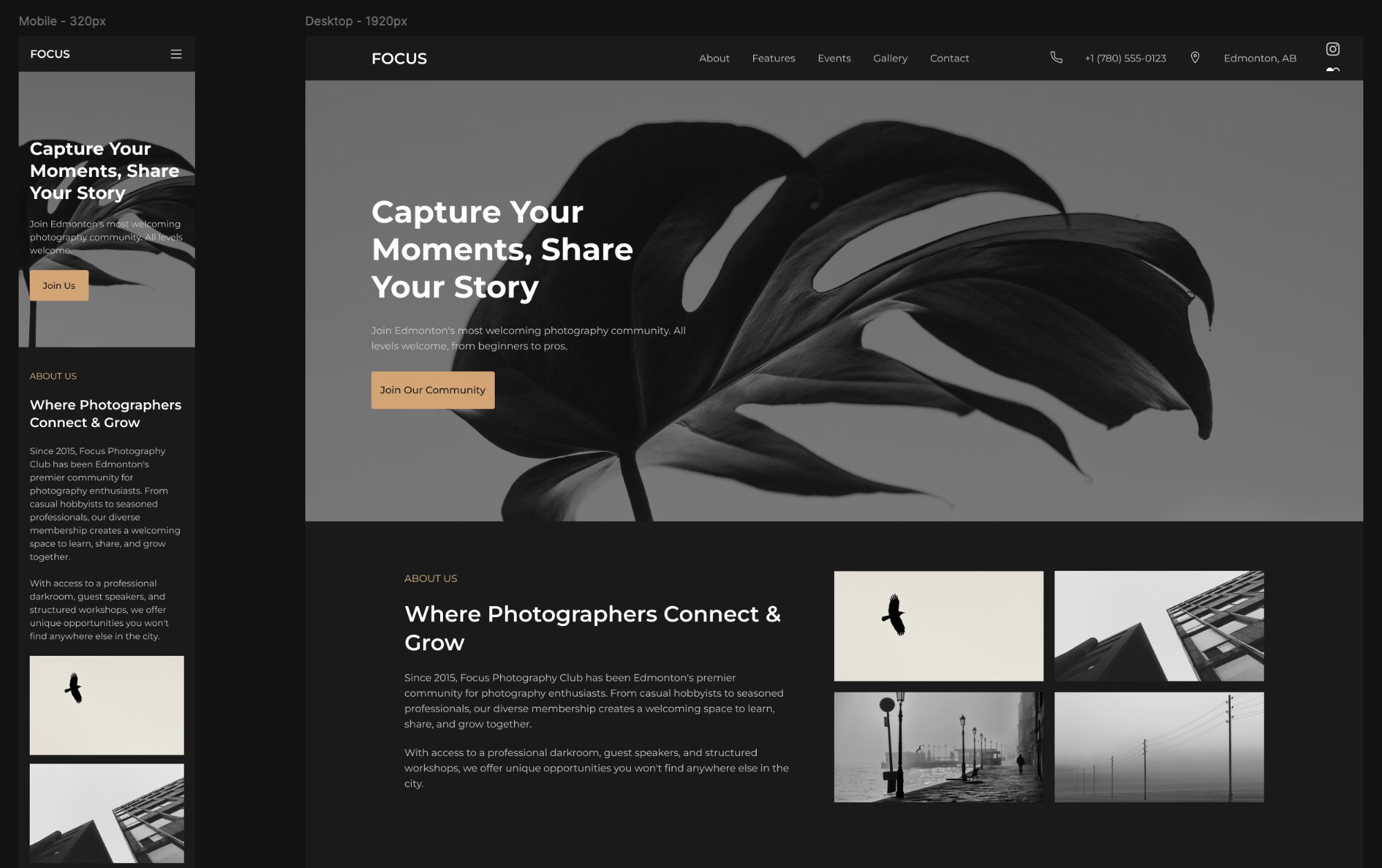 Focus Photography Club website showing mobile and desktop layouts