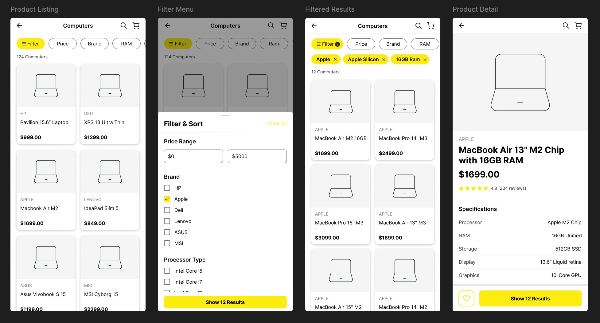 JB Hi-Fi mobile UI redesign showing product listing, filter, and detail screens
