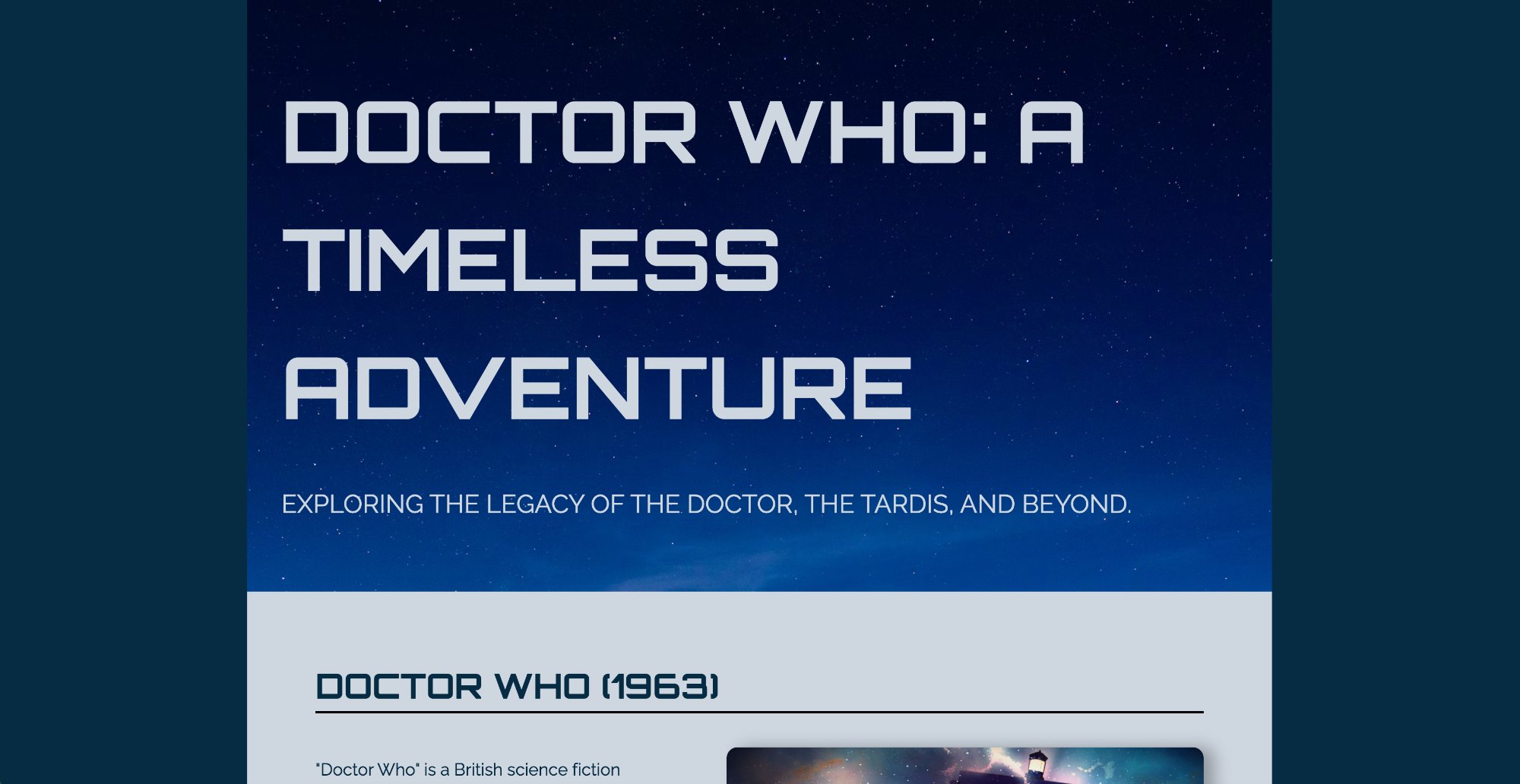 Doctor Who expressive typography webpage with space themed design